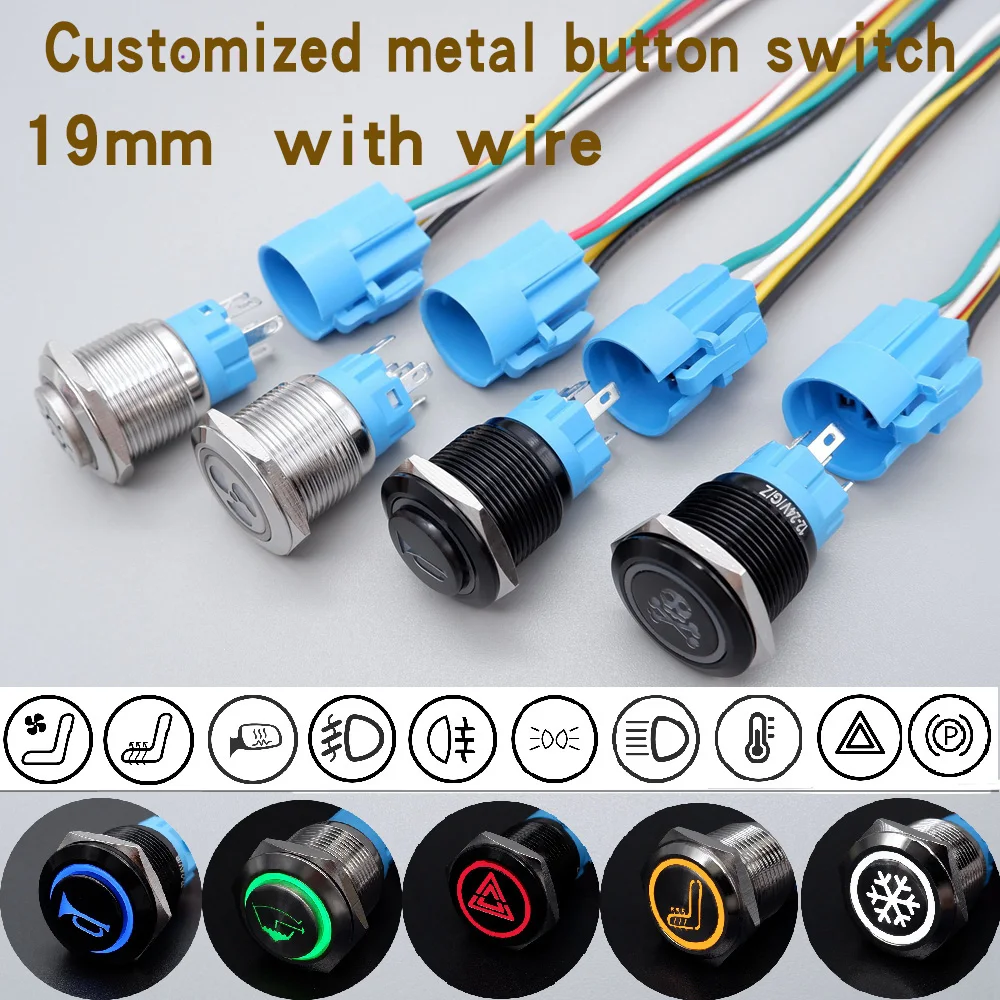 

19mm Customization Metal Push Button Switch LED Lamp Fan/Triangle DIY Luminous Character Black Silvery Momentary Latching12V 24V
