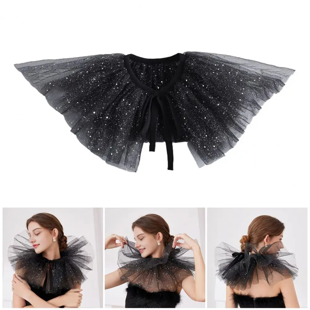

Mesh Fake Collar Retro Mesh Neck Ruff Collar Glitter Layered Ruffle Fake Collar Shawl Halloween for Renaissance for Halloween