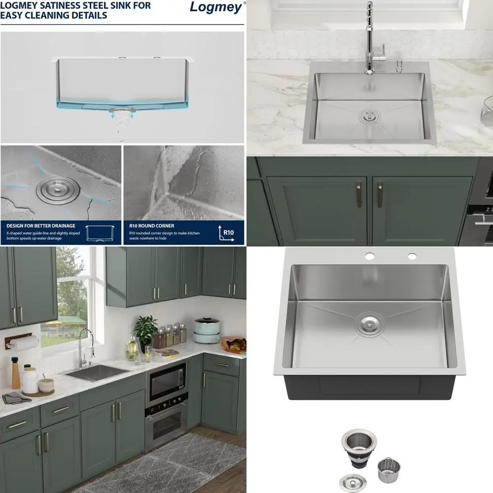 

16-Gauge 304 Stainless Steel 25x22 Single Bowl Kitchen Sink, 9 Deep with Drain Assembly