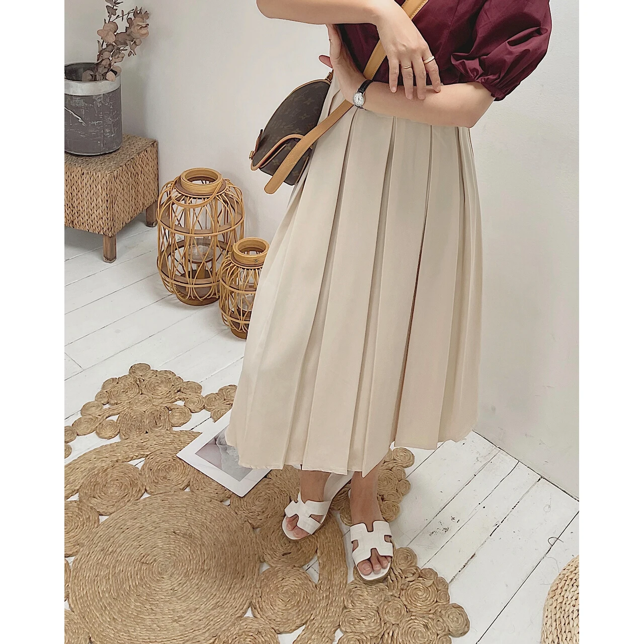 

Ele High Waist A-Line Midi Skirt Women's Summer Slimming Casual Gored Skirt Pure Color 4440 Polyester Fiber
