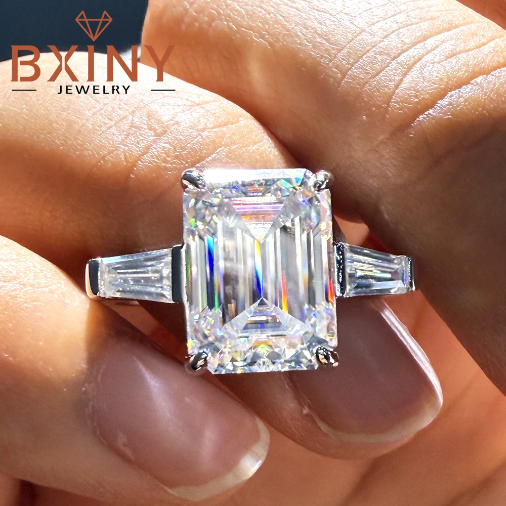 BXINY 3-Stone Emerald Cut All Moissanite Ring 100%S925 Silver Tapered Baguette Shape Diamond for Women Wedding Band Fine Jewelry