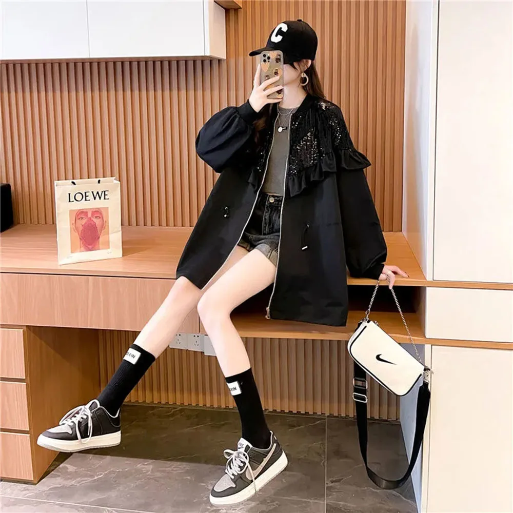 Fashion Sequin Jackets For Womens Spring Autumn Ruffles Coat Female Clothing Casual Drawstring Windbreaker Black Streetwear Tops