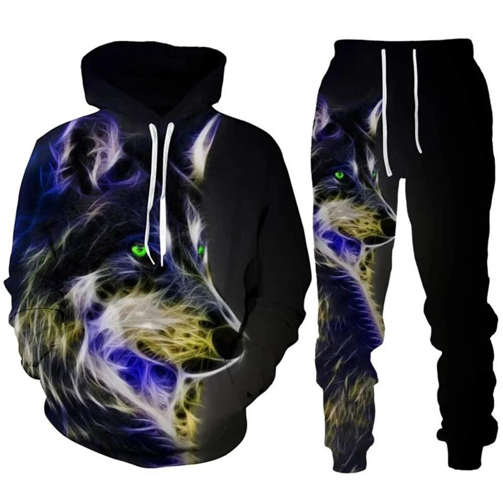 2024 New Men animal wolf Hoodie Printed Male Autumn Casual Sweatshirt Sweatpants Pullover Men Tracksuit Set Men's Clothing Suit