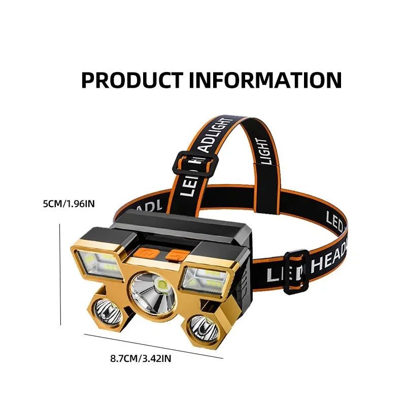 مصباح يدوي قوي بخمسة رؤوس قابل لإعادة الشحن، مصباح أمامي للصيد، مصباح أمامي للتخييم، شعلة صيد، فانوس ما قبل المشي لمسافات طويلة