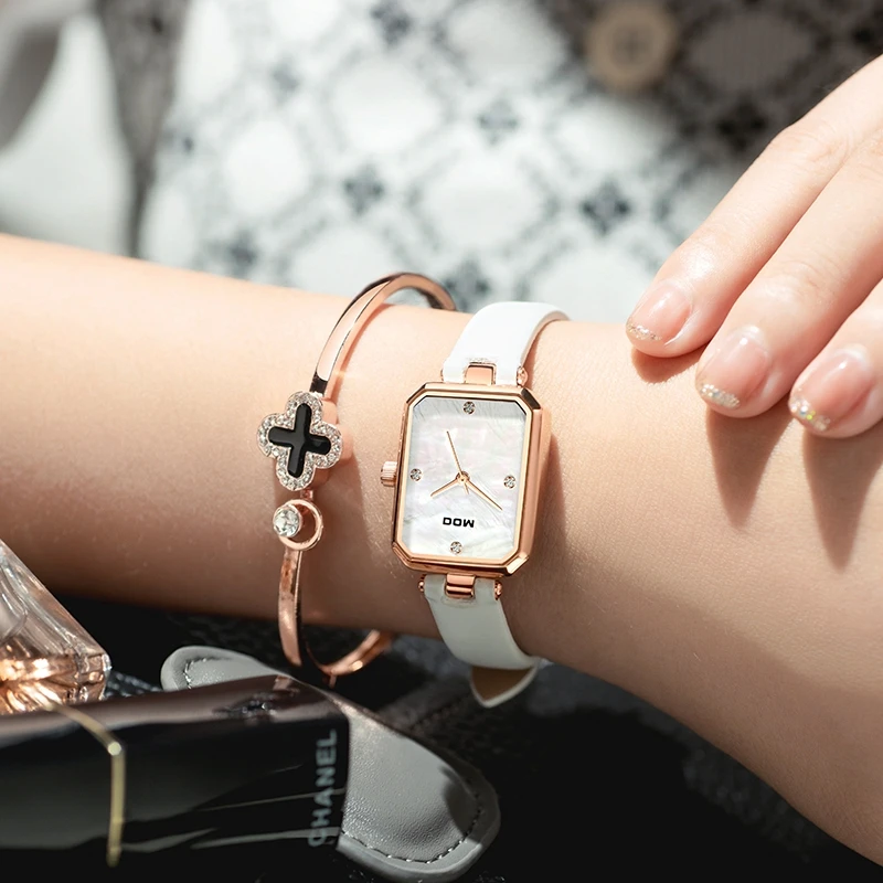 DOM 1365 Women's Small Square Quartz Watch Fashion Elegant White Leather Pointer Diamond Wristwatches for Ladies Watches Gift