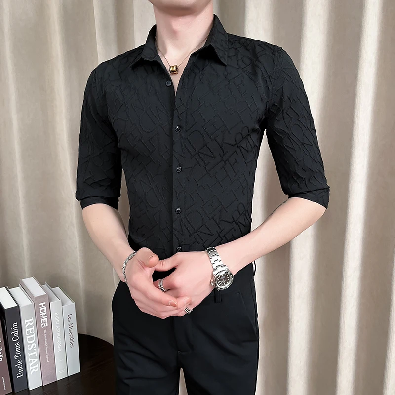 Summer Solid Color Letter Embossed Shirts for Men Casual Half Sleeved Slim Men's Dress Shirt Spring Korean Handsome Men Clothing