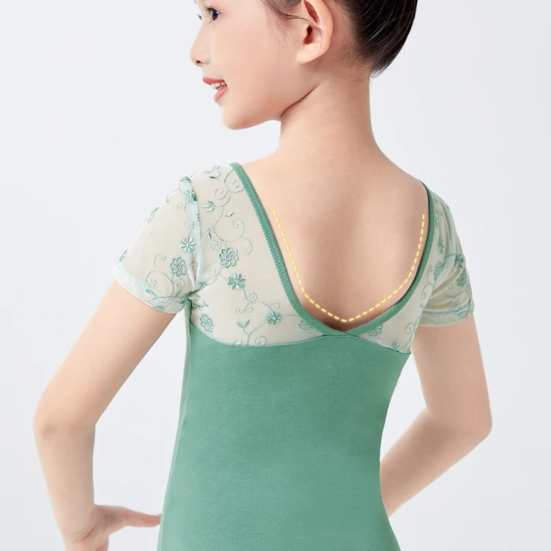 Ballet Leotards Girls Cotton Embroidery Splice Short Sleeves Dance Leotards Gymnastics Leotard Ballet Dancing Bodysuit For Girls