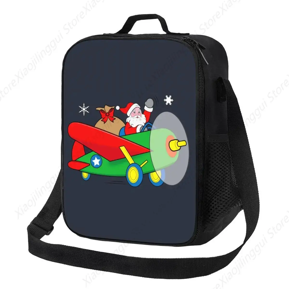 Santa Claus Merry Christmas Lunch Bag for Outdoor Picnic Flying An Airplane Filled With Gifts Portable Cooler Thermal Lunch Box