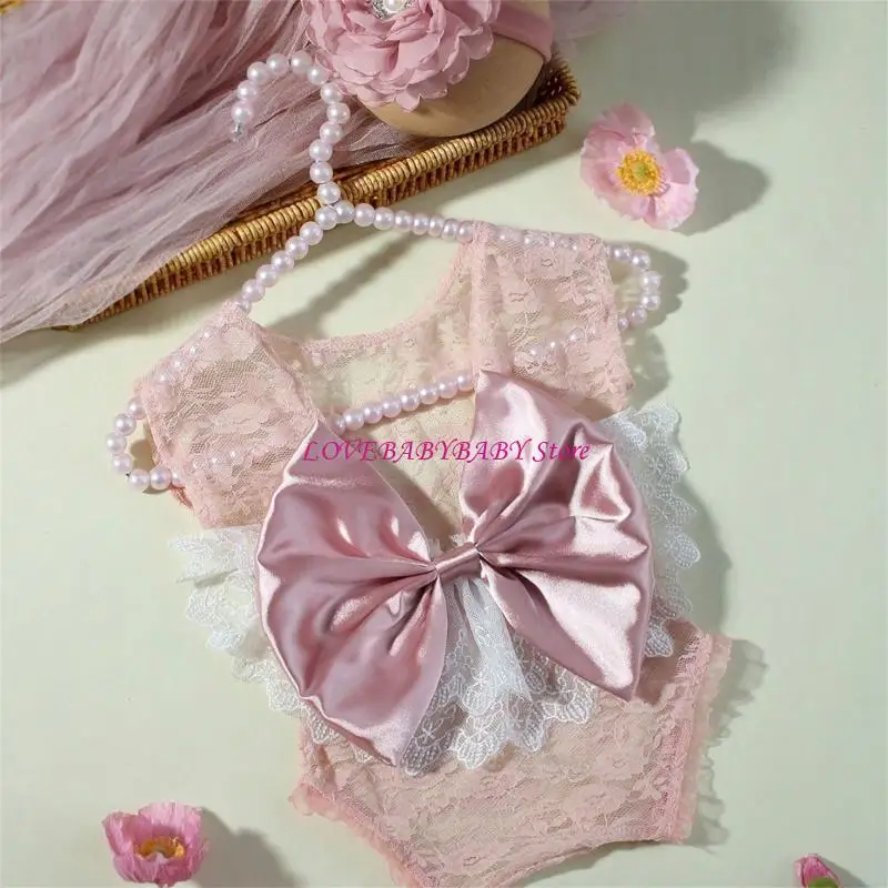 Newborns Photography Outfit Set Including Large Bowknot Romper and Headband Set 4XBC