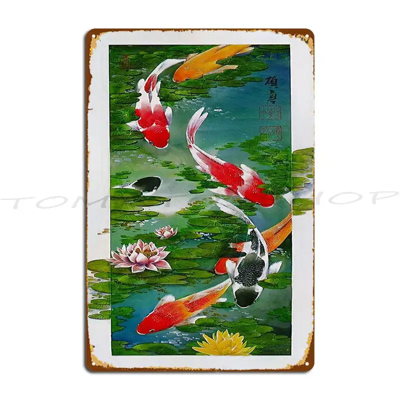 Koi Fish Pond Lotus Garden Zen Metal Plaque Living Room Decoration Printing Decoration Personalized Tin Sign Poster