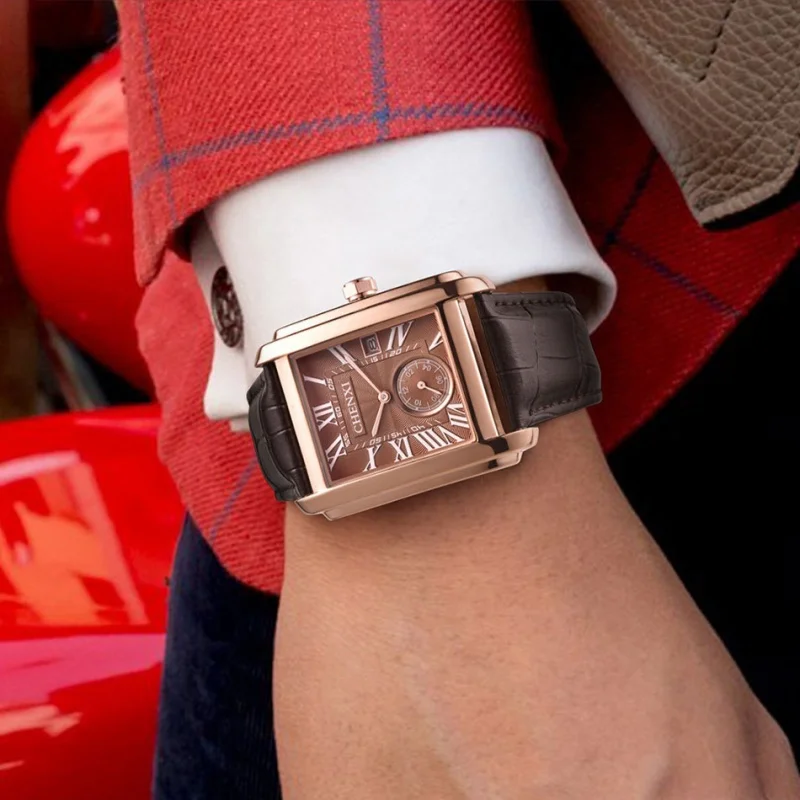 CHENXI 8216 ساعات كوارتز رجالية عادية أنيقة مربع الهاتفي مقاوم للماء حزام من الجلد تقويم بسيط رجال الأعمال ساعة اليد