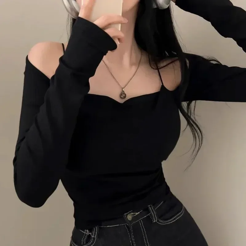Dongdaemun Korea New Style Pure Desire Sexy Off-The-Shoulder Zweiteiler Illusionslims Damen Langarm-T-Shirt Vielseitig Smoot