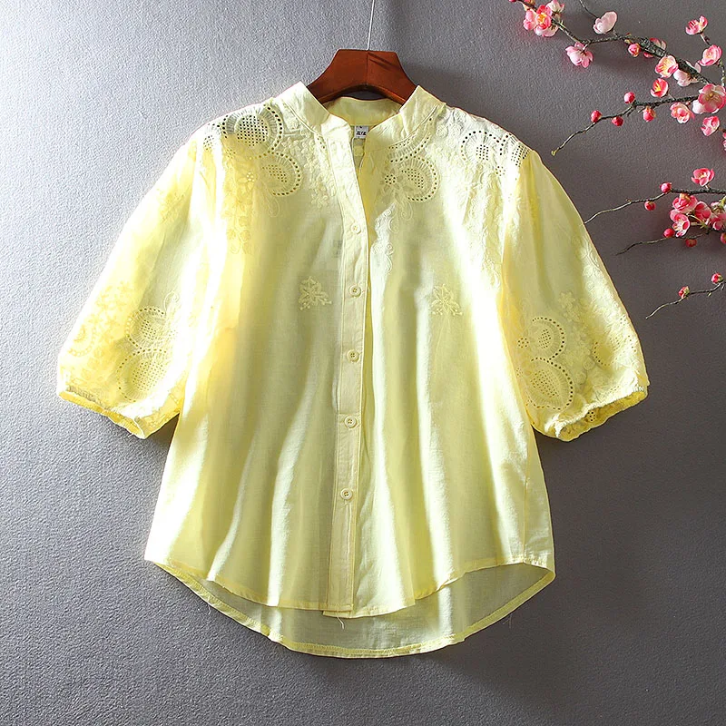 レトロなコットンリネン、透かし刺繍、重工業デザイン、ゆったりとしたカジュアルなVネック、エレガントな女性用トップス、通勤用