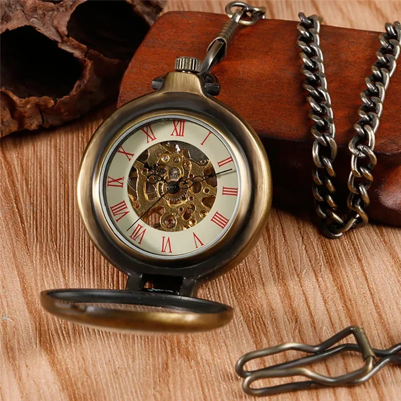 Antique Men Women Skeleton Handwinding Mechanical Pocket Watch Half Hunter Pendant Chain Roman Number FOB Clock Gift