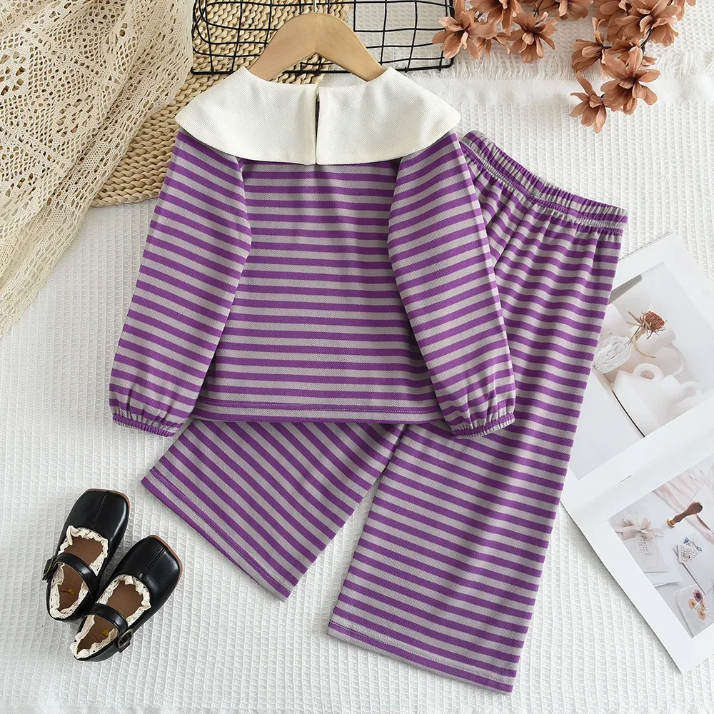 3-7 Years Girls Korean Version Autumn Fashion Long Sleeve Striped Turn-down Collar Top + Pants 2 Pcs Set Children Casual Clothes
