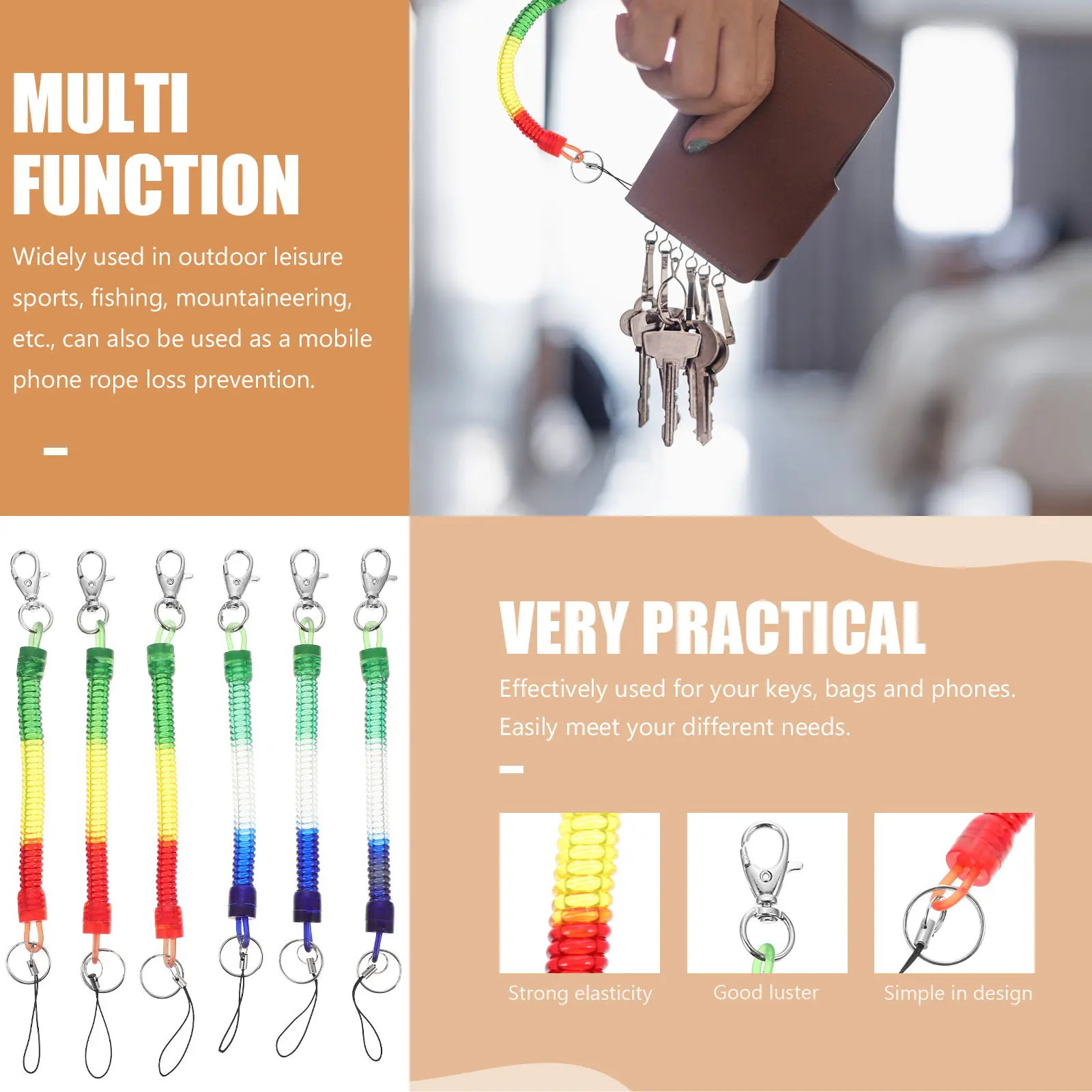 6Pcs Elastic Key Ring Spring Coil Retractable Keychain Anti-Lost Holder for Phone Bag Phone Spring Chain Elastic Key Ring