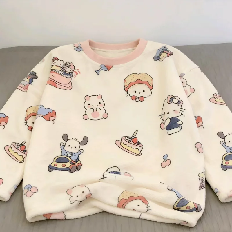 

Милые женские пижамы в стиле аниме с котенком, мультяшный милый стиль, комплект с круглым вырезом и длинными рукавами, домашняя одежда для подростков, теплая и плотная одежда