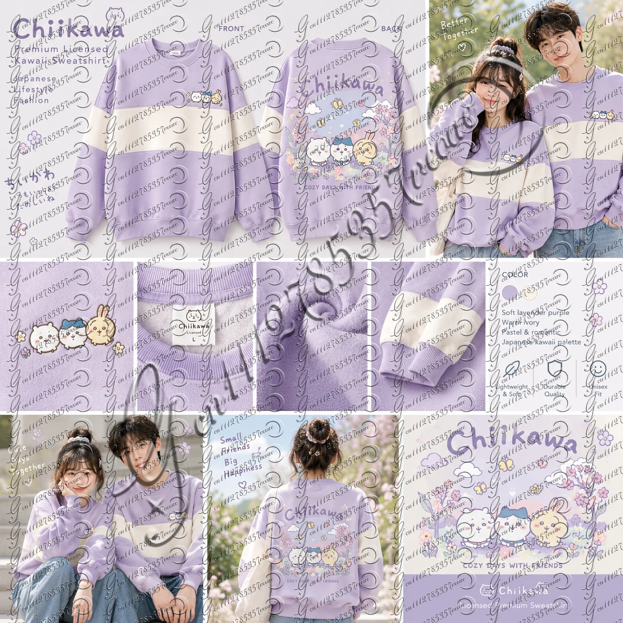 Chiikawa Kawaii Cartoon Sweatshirt Color Block Striped Double Sided Graphic Print Crew Neck Pullover Unisex Casual Tops