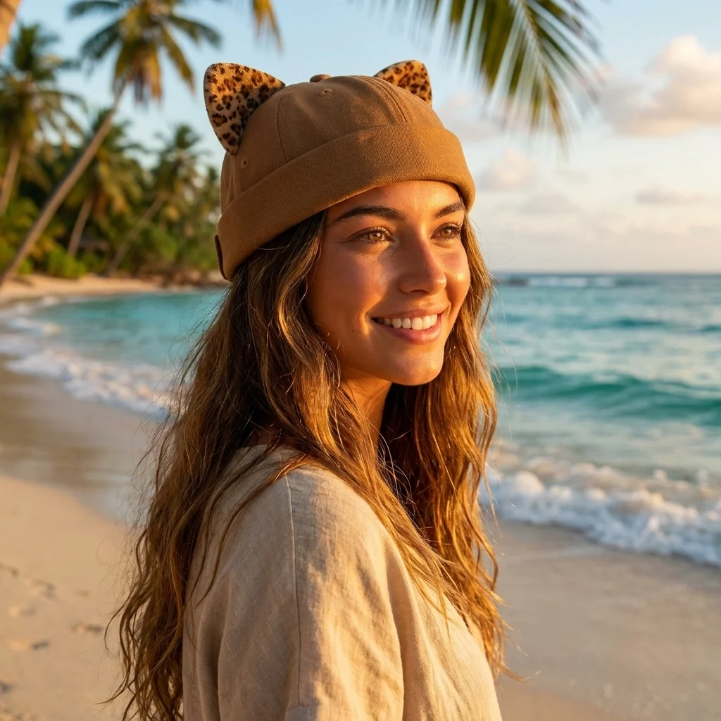 New High Quality Hip Hop Leopard Print Cat Ears Brimless Hat Rolled Cuff Solid Color Cat-eared Hat Adjustable Docker Cap Outdoor