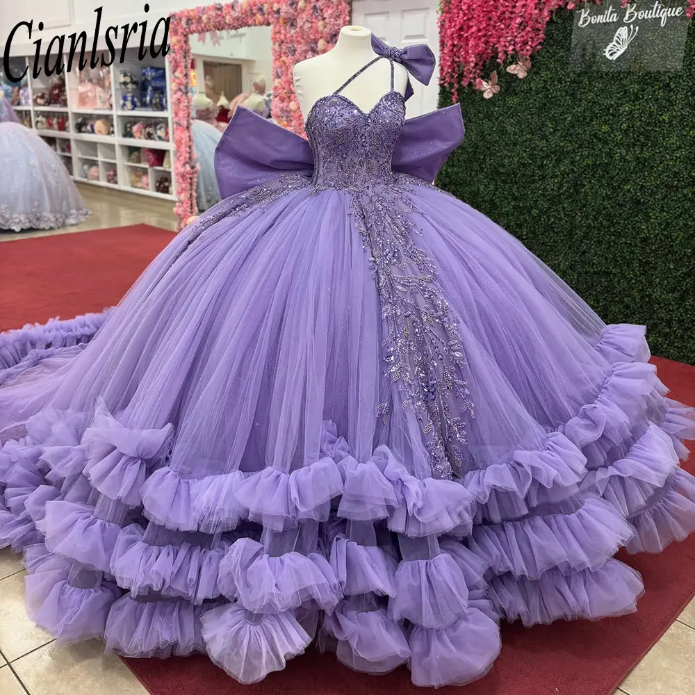 

Lilac One Shoulder Tulle Pleat Bow Quinceanera Dresses Ball Gown Appliques Lace Beading Mexican Sweet 16 Dresses 15 Anos