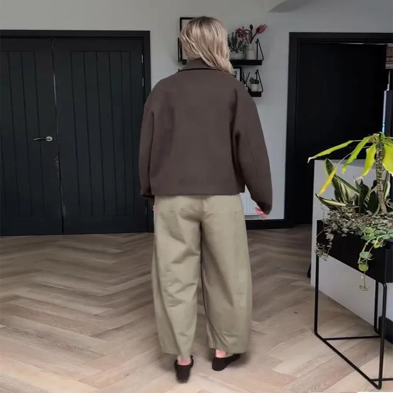 Übergroße Kurze Wolljacken für Damen mit Revers, Langen Ärmeln, Reißverschlusstaschen, Einfarbig, Locker Geschnitten, Schicke Herbst-Neuheiten Oberbekleidung – Detail 6