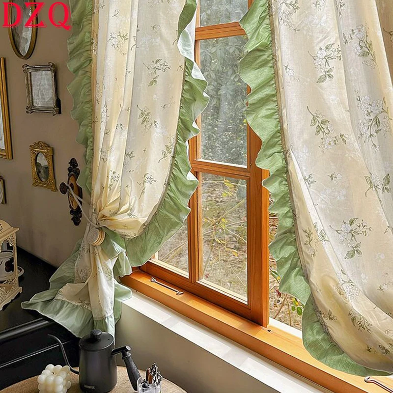 

Idyllic French Retro Flowers Door Curtains Cloth for Living Room Green Warp Ruffled Cotton and Linen Curtains for Kitchen #A401