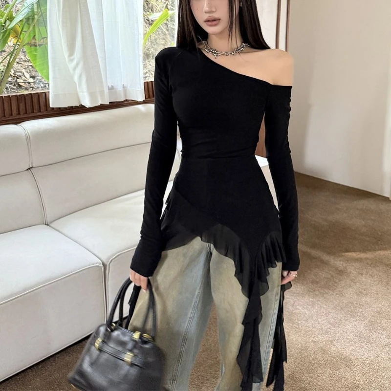 

Ruffles Tassel Waistcoat Off Shoulder Long Sleeve T-shirt Women Sweet Gentle Streetwear Party Basic Top Tees Shirt Sexy 2025 New