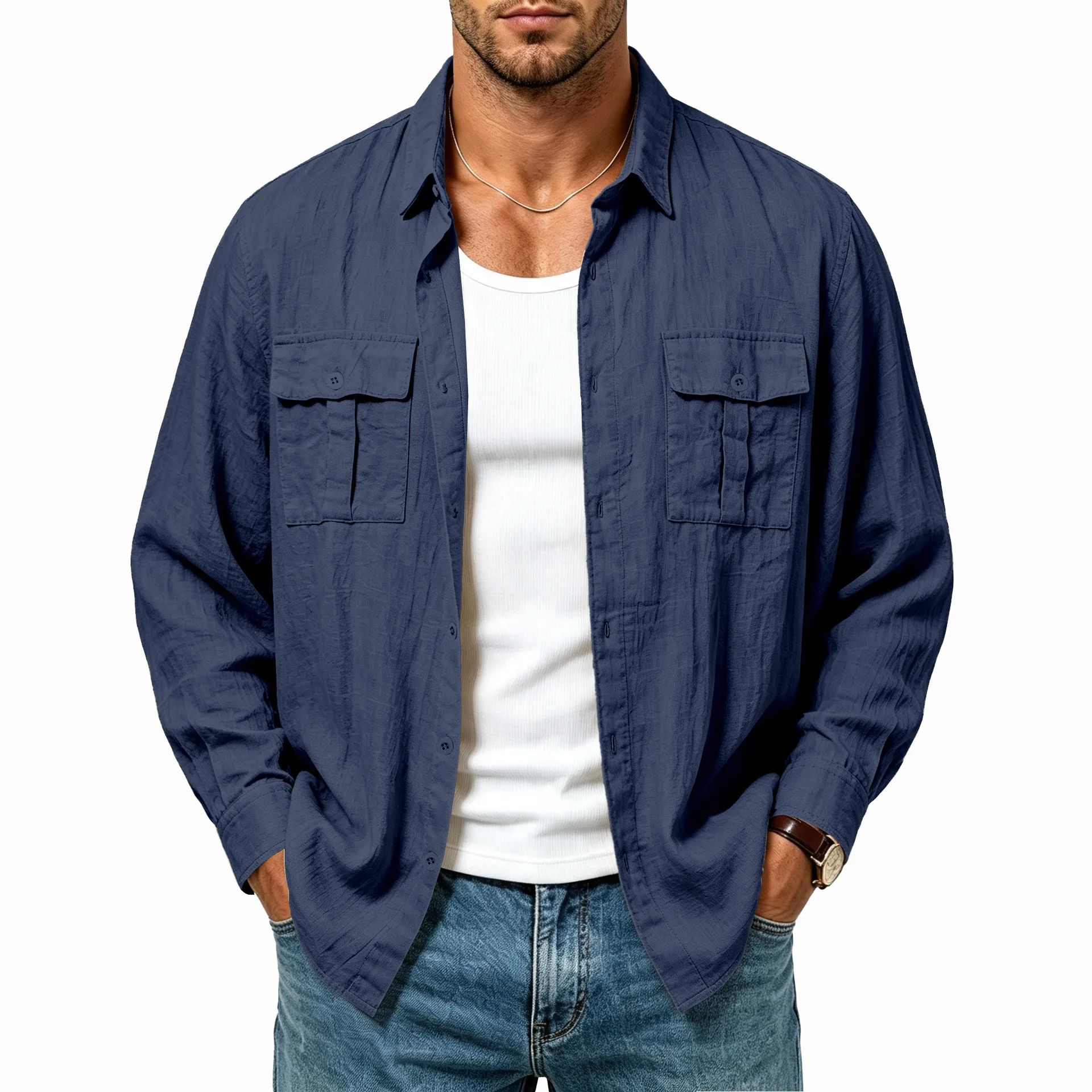 Men Shirt Vintage Sollid Turn Down Collar Full Sleeve Single Breasted Cargo Pockets Y2k Streetwear Classic Autumn Lightweight
