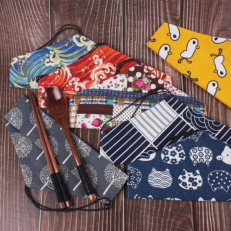Portable Tableware Bag Japanese Printing Reusable Drink Straw Chopstick Cutlery Pouch Drawstring Bag Cutlery Bag For Spoon Fork