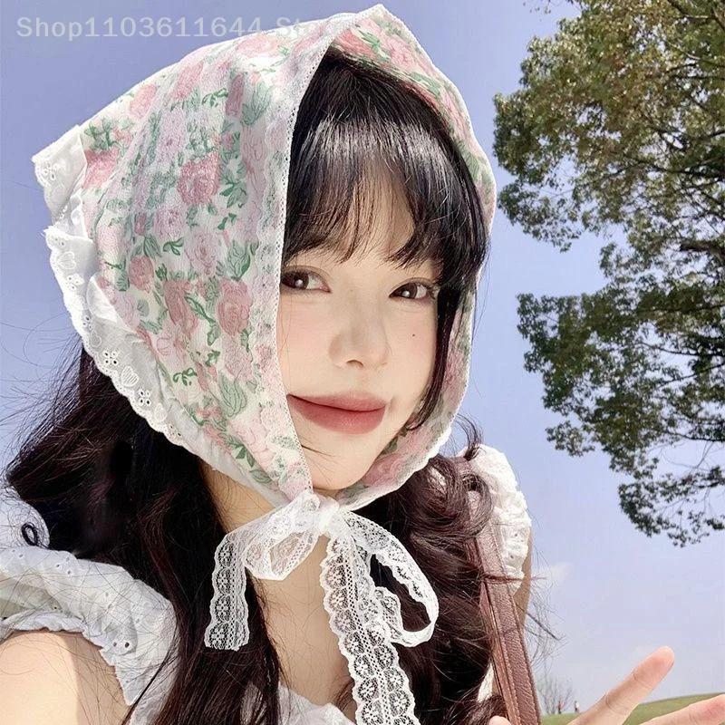 

Retro Sweet Flower Triangle Hair Scarf Women Headband French Pastoral Headdress Girls Summer Lace Hair Accessories