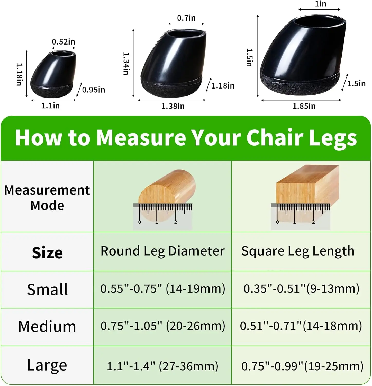 8PCS Round Chair Leg Floor Protector Foot Cover Felt Pads Black Silicone 15-25° Slanted For Hardwood Floor Chair Leg Protector
