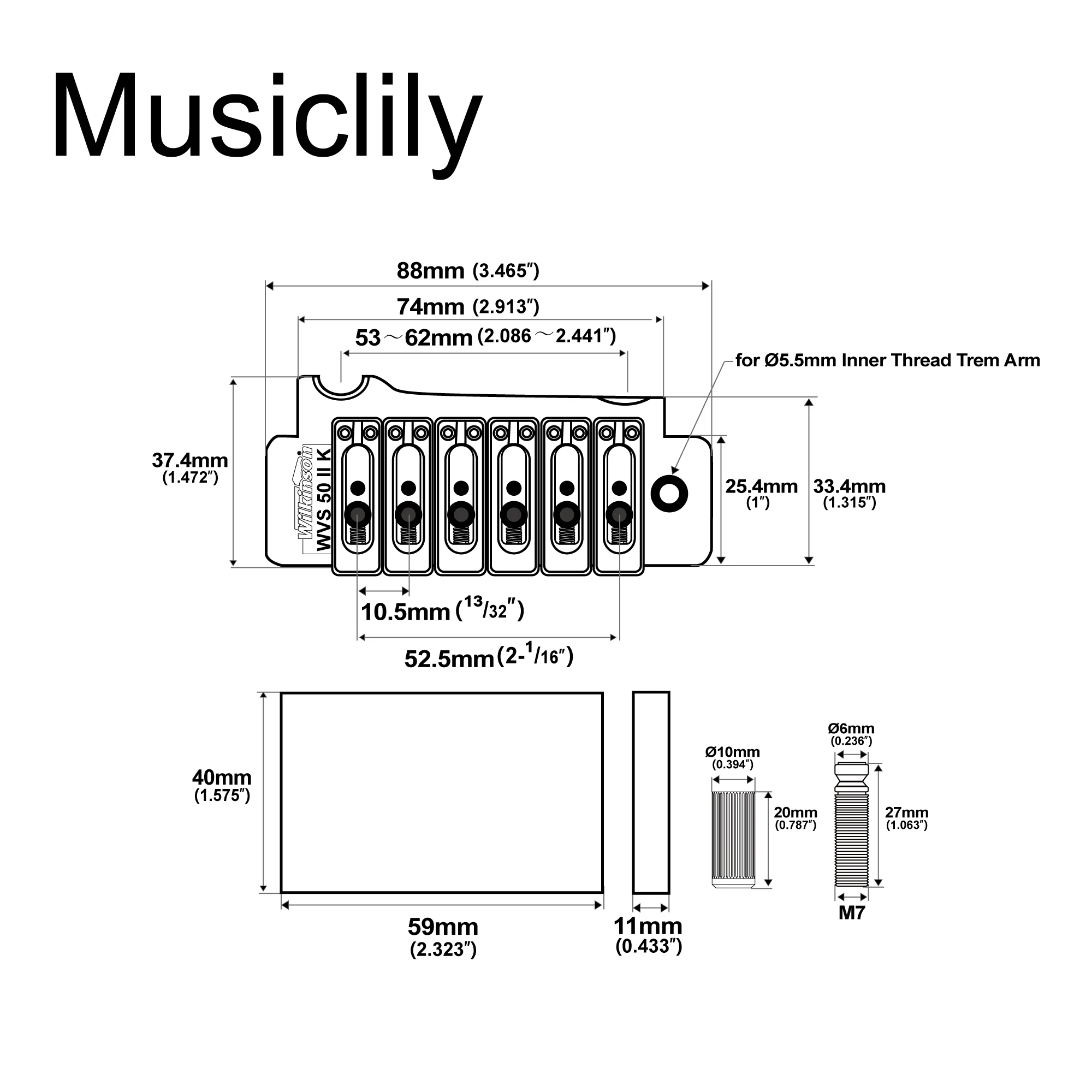 Wilkinson WVS50IIK 52.5mm 2-Point Stainless Steel Saddles Tremolo Bridge with Full Steel Block for USA/Mexico/Japan/Korea ST