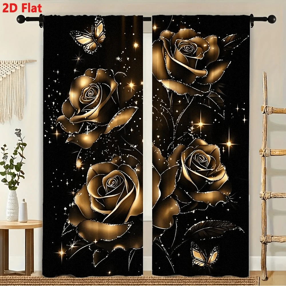 

2Pcs Curtain Four Golden Roses And Butterflies Window Drapes for Bedroom Living Room Decoration Window Treatment.