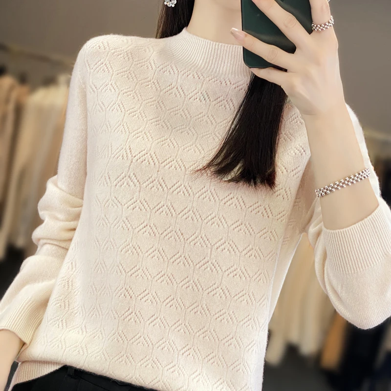 Women New Wool Blend Sweater Half-high Collar Diamond Hollow ​Pullover Autumn Winter Bottoming Shirt Casual Warm Knitting Tops