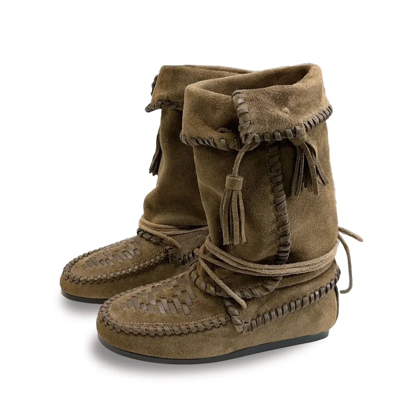 High Quality Cow Leather Mid Calf Boots Woman Genuine Leather Sole Casual Shoes Cowboy Turn Over Flat Knight Fashion Flat Boots