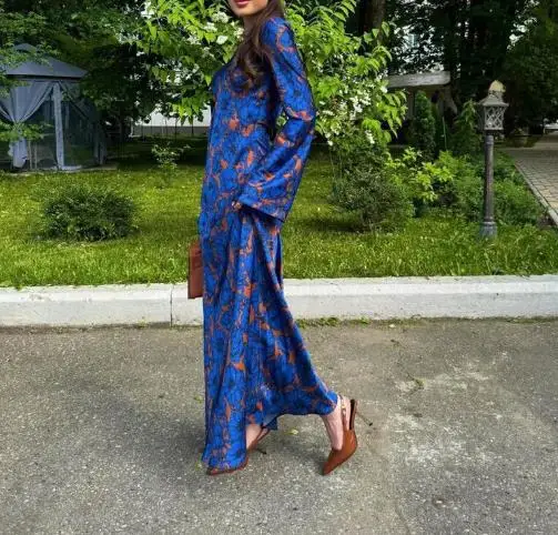 

2025 Fashionable Temperament, Multi-Color Printed Long Sleeved Lace Up Waist Dress Round Neck Women's Waist Cinched A-Line Dress