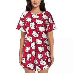 Custom Cartoon Anime Hello Kitty Bow Pajama Sets for Women 2 Piece Short Sleeve Pjs Shorts Sleepwear