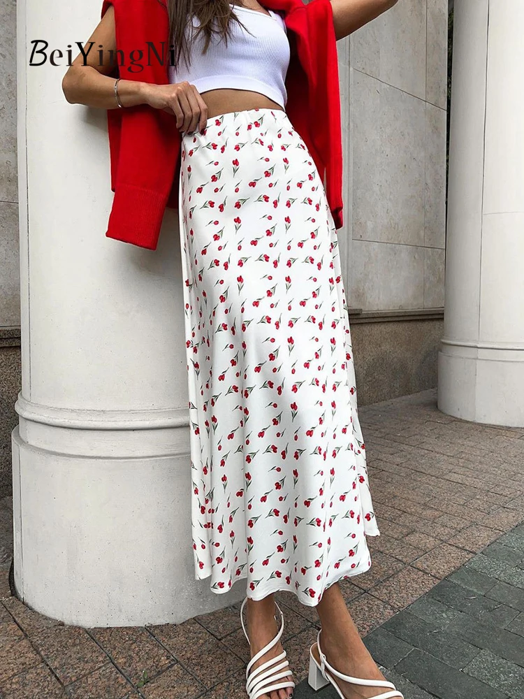 

Beiyingni Spring Summer Elegant Long Maxi Skirt Women Cherry Print New Fashion A-line Skirts White Luxury Slim High Waist Faldas