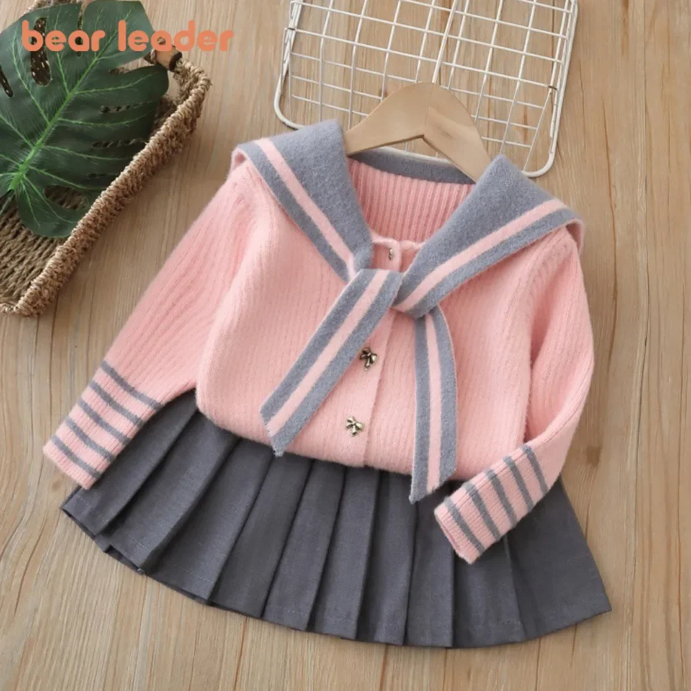 

Bear Leader Korean Version Striped Color Blocking Kids Clothes Girls Autumn Winter Long Sleeved Knitted Sweater + Pleated Skirt