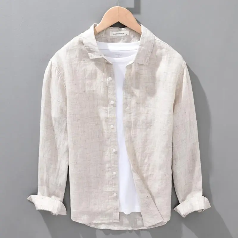 

New Men's Linen Long Sleeve Shirt Summer Loose Fit Large Size Color Cotton Linen Shirt Sun Protection Casual Style