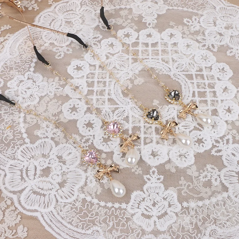 Ribbon Headband with Rhinestone Chains Bowknot Hair Hoop Headdress for Women Japanese Lolita Elegant Hair Accessories  Female