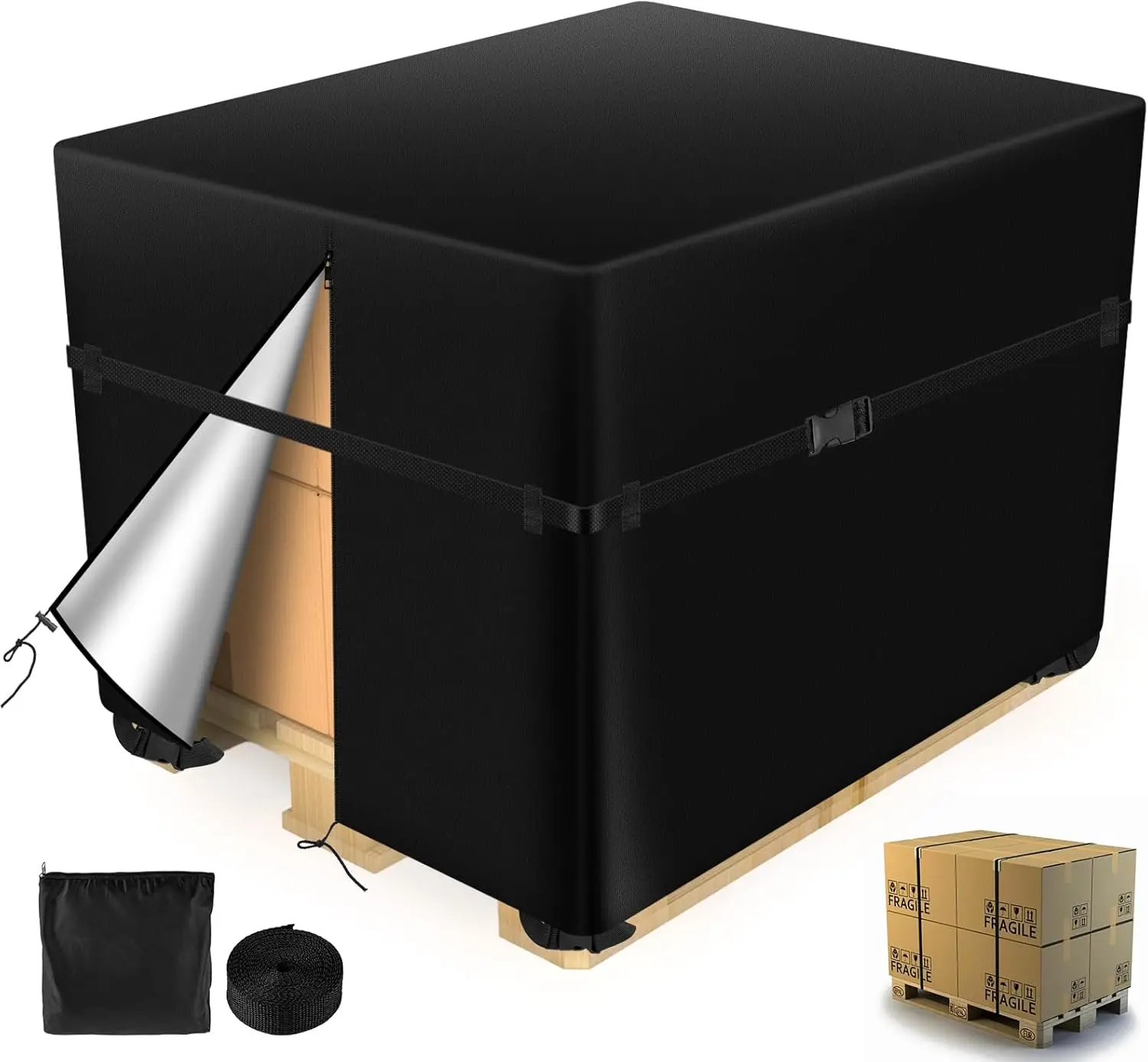 Pallet Covers 48x60x48 Inches - 900D Heavy Duty Waterproof, Triple Protection (Zipper, Reinforced Rope, 4 Buckles)