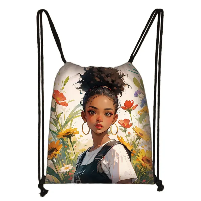 American Africa Women Print Backpack Cute Afro Melanin Drawstring Bags Outdoor Travel Storage Bag Shoes Holder Bookbags Gifts