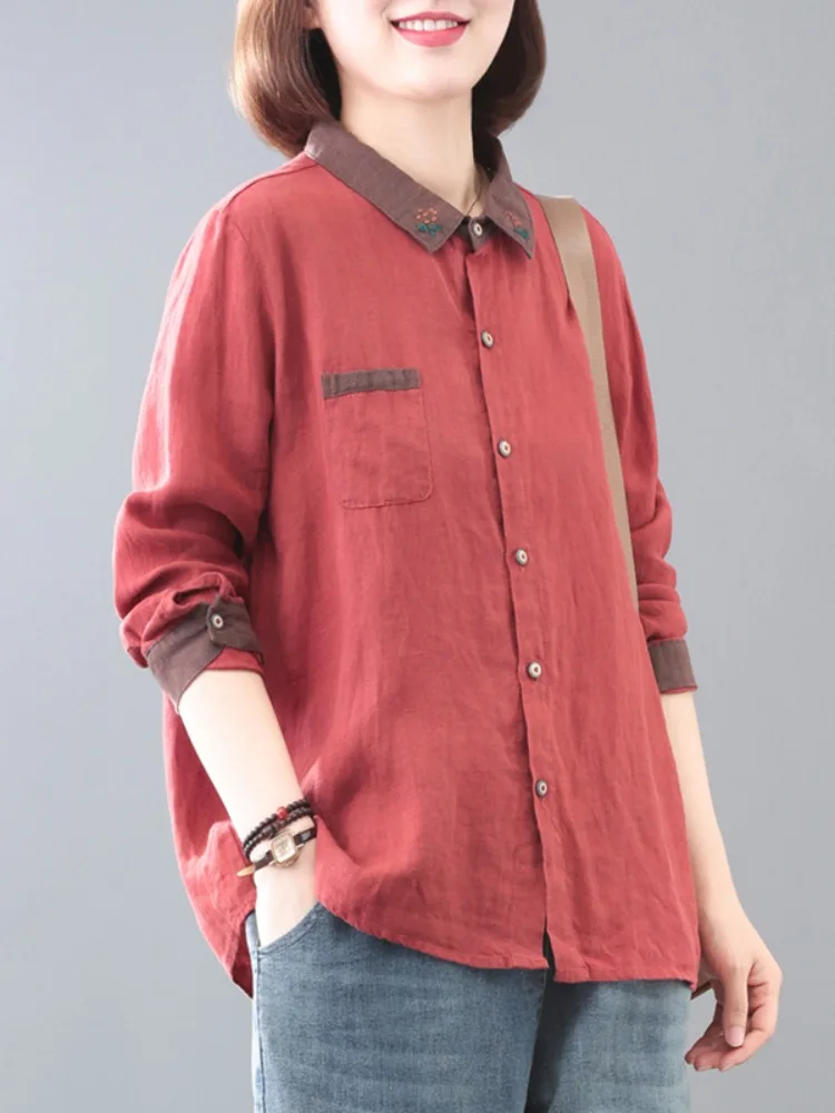 Lässiges, langärmliges Oberteil aus Baumwoll-Leinen für Damen, einfarbig, schlankmachend, mit Knopfdesign, normale Passform, einfarbig, Herbstkleidung