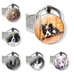 Border Collie lovely Dog Keychain Handmade Glass Cabochon Key Ring Holder Pendant Key Chains Cartoon Creative Fashion Design