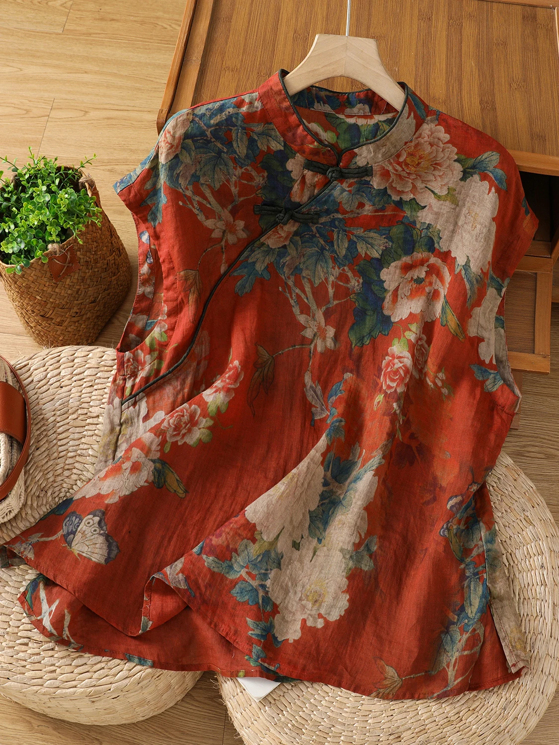 

Женский свободный летний воротник на пуговицах с узором из хлопка и льна с принтом, традиционный летний одяг ort Sve Chinese Sle