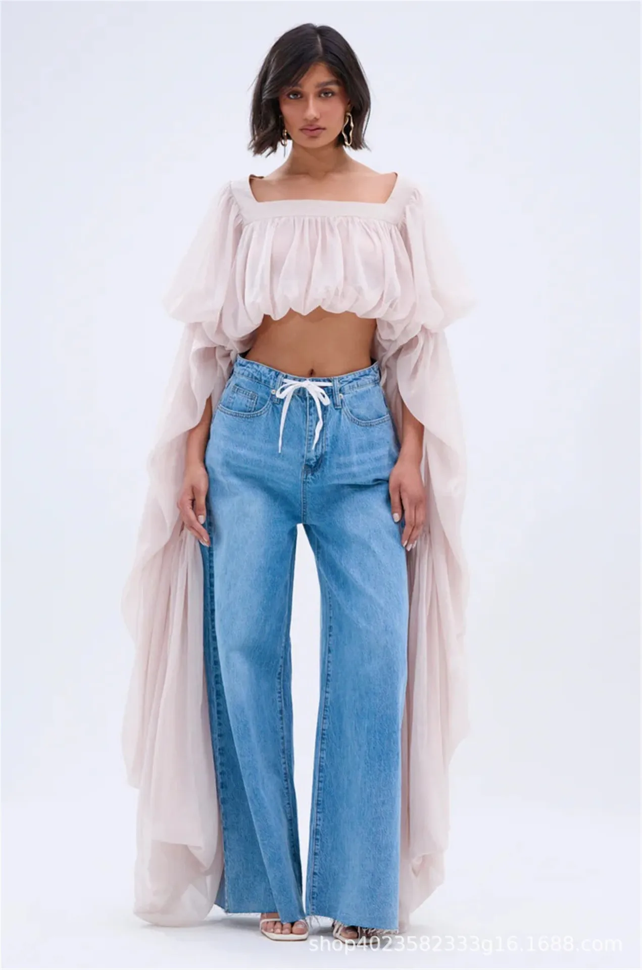 Square Neck Flowy Tunic Blouse Batwing Long Ruffle Maxi Cape Sleeve Loose Chiffon Blouse Women Boho Casual Elegant Flowy Shirt