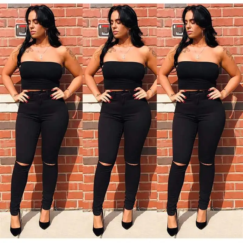 High Waist Women's Skinny Denim Jeans Pencil Pants Hole Punching Elasticity Cross-Border New Arrival for Ladies Black