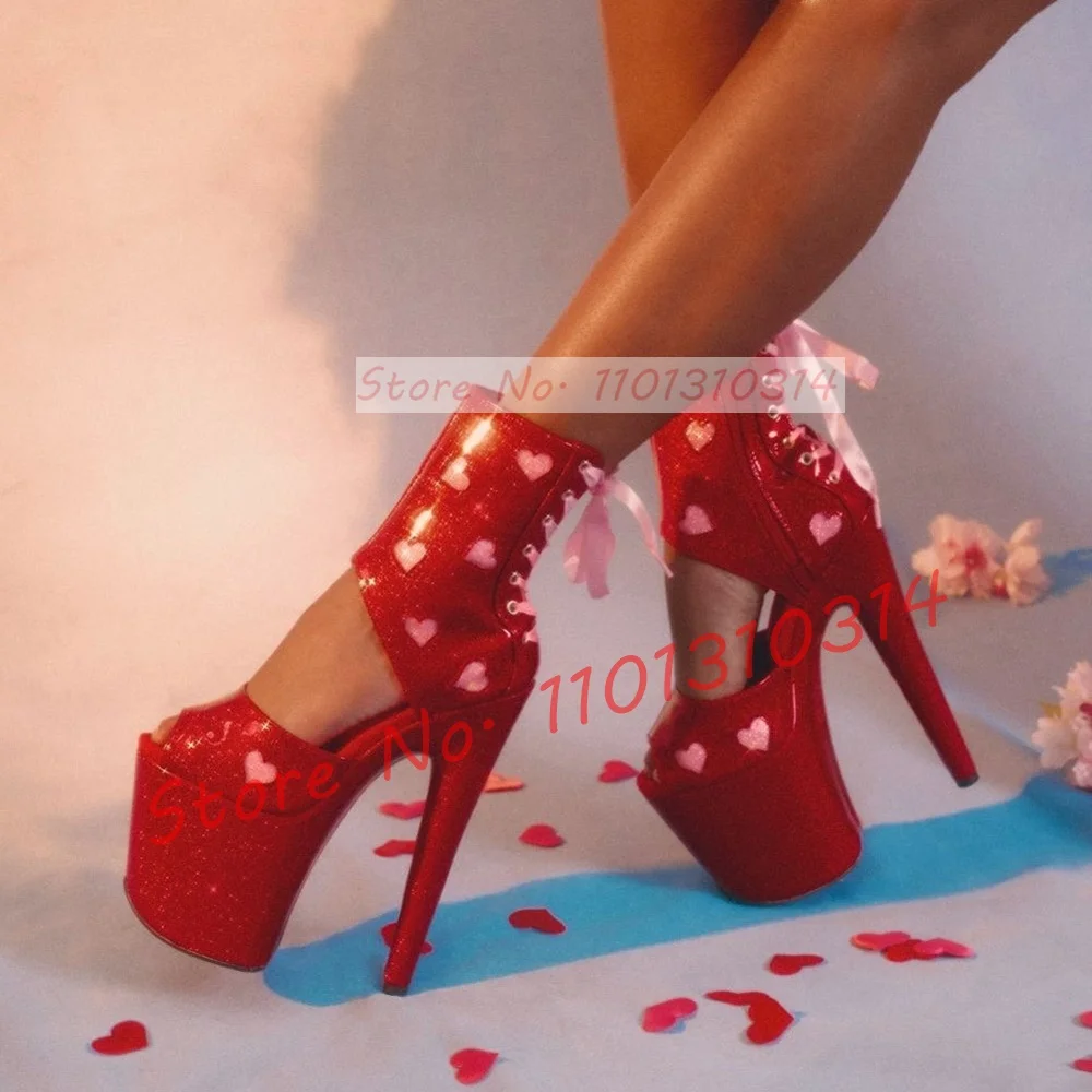 Pink Heart Decal Platform Sandals Women Stylish Pink Ribbon Bow Glitter Leather Stiletto Sandals Ladies Sexy Cut Out Sandals