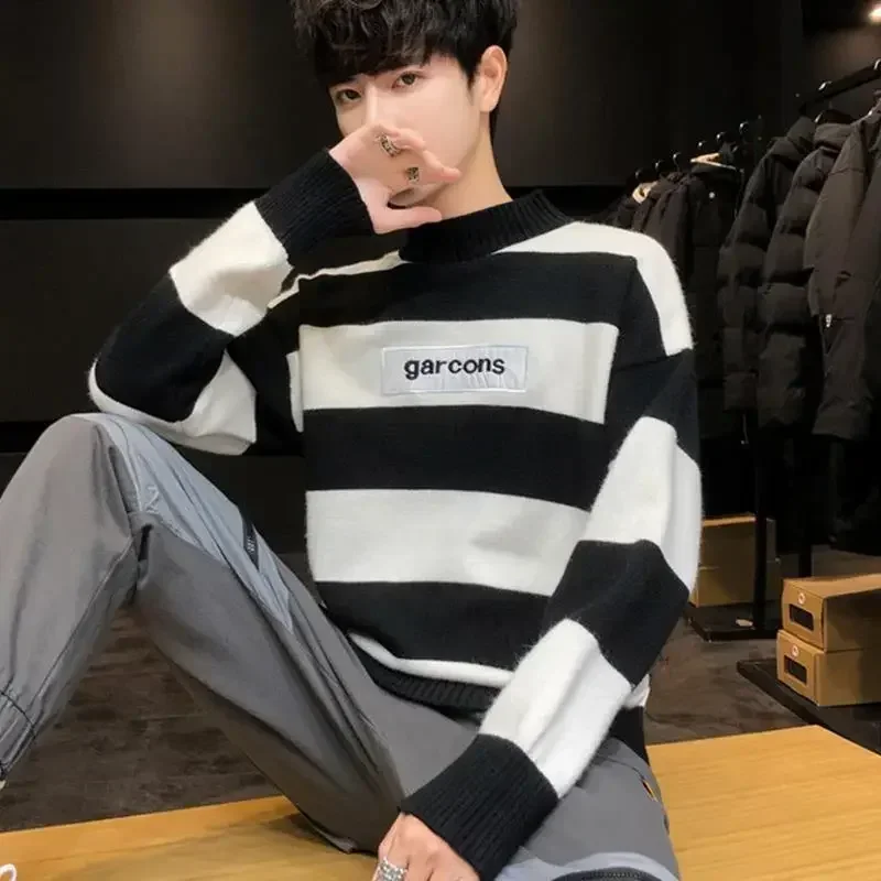 

Men's Clothing Turtleneck Knit Sweater Male Pullovers Black High Collar Striped Old Korean Style Fun New in Knitwears Loose Fit